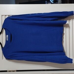 89th + Madison Women's 2X Blue Crew Neck Sweater with Eyelet Sleeves